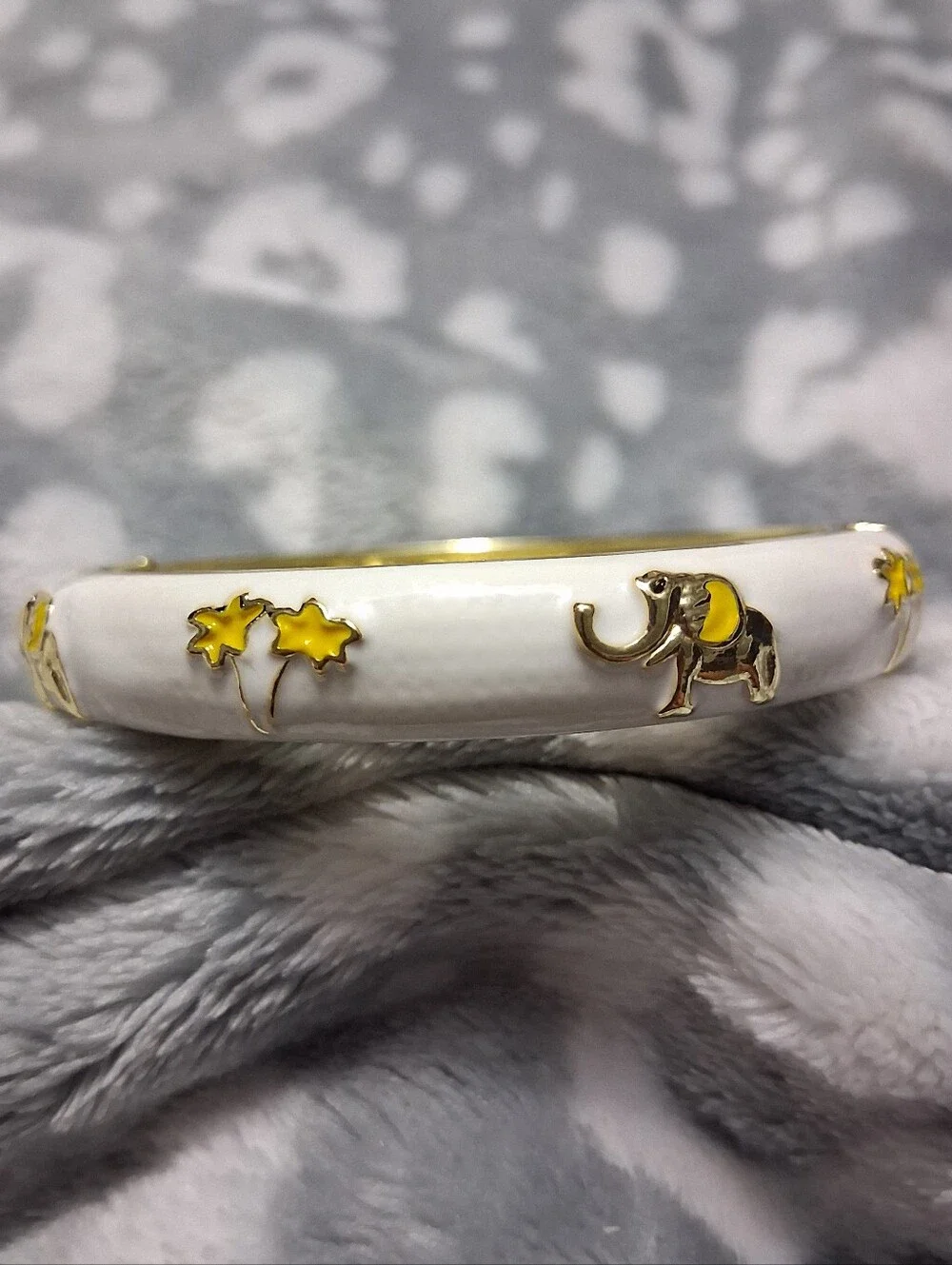 White and Yellow Enamel Elephant Accent Gold Bracelet
